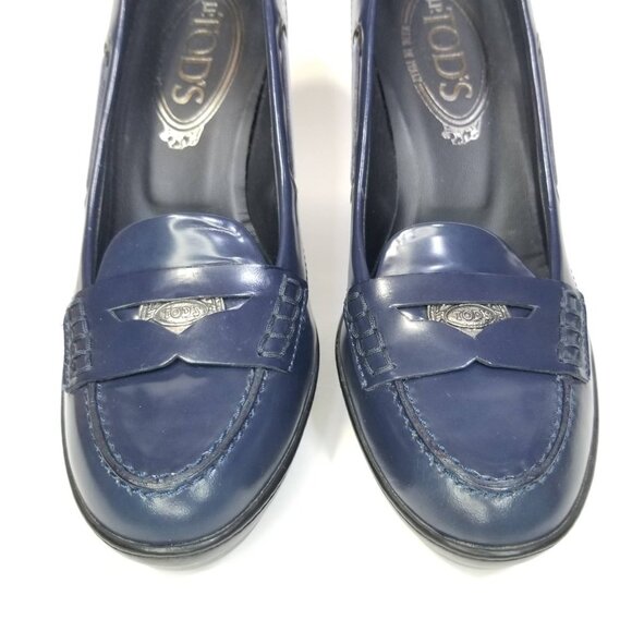 Tod's Women's Patent Leather Penny Loafer Pumps Blue Size EU 35/US 5 block heel - Picture 3 of 15